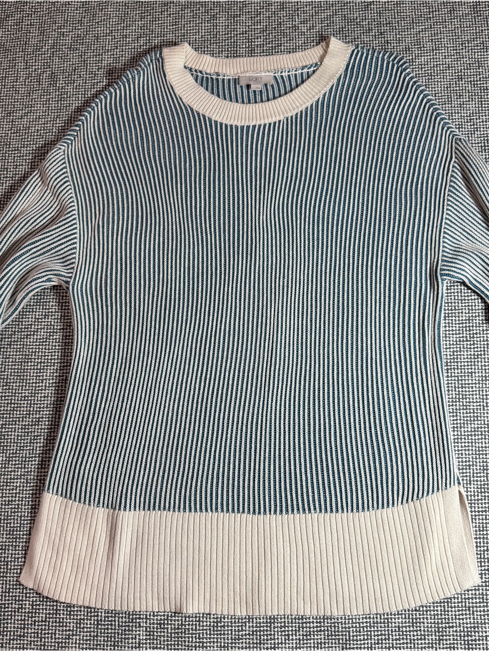 LOFT Blue & Cream Ribbed Crewneck Sweater